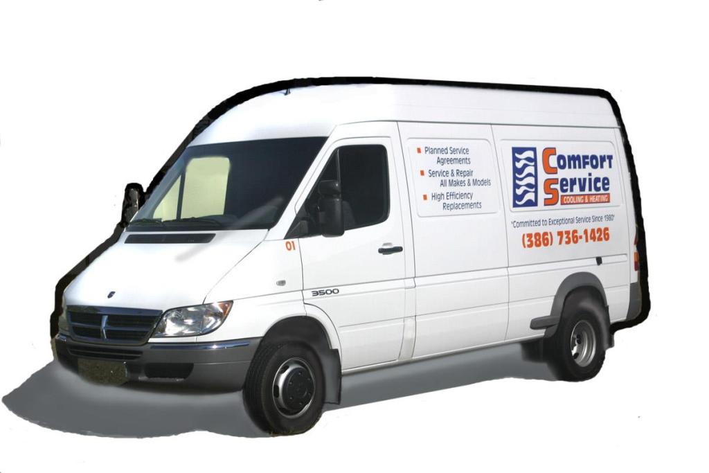 White Comfort Service van with the blue and orange company logo on the side.